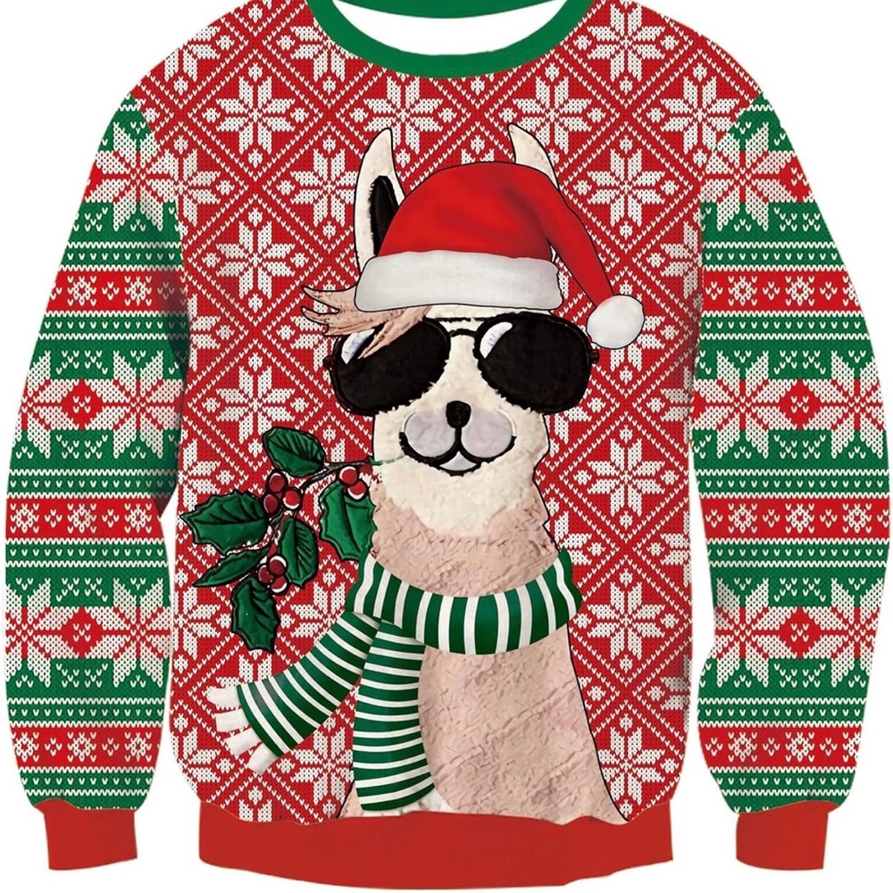 Amazon Red and Green Crewneck Sweater with Festive Cat Design